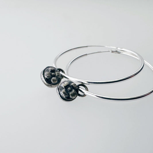 Silver Hoop Earrings with Floral Charm - MaisyPlum