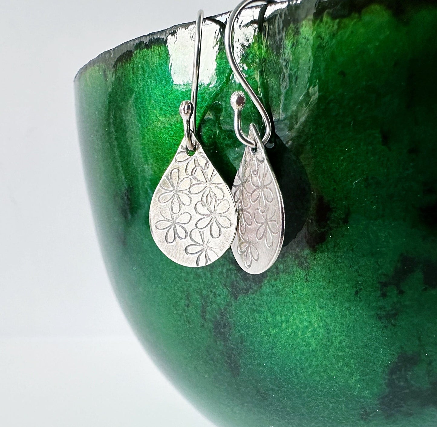 Hand Stamped Daisy Sterling Silver Teardrop Earrings - MaisyPlum