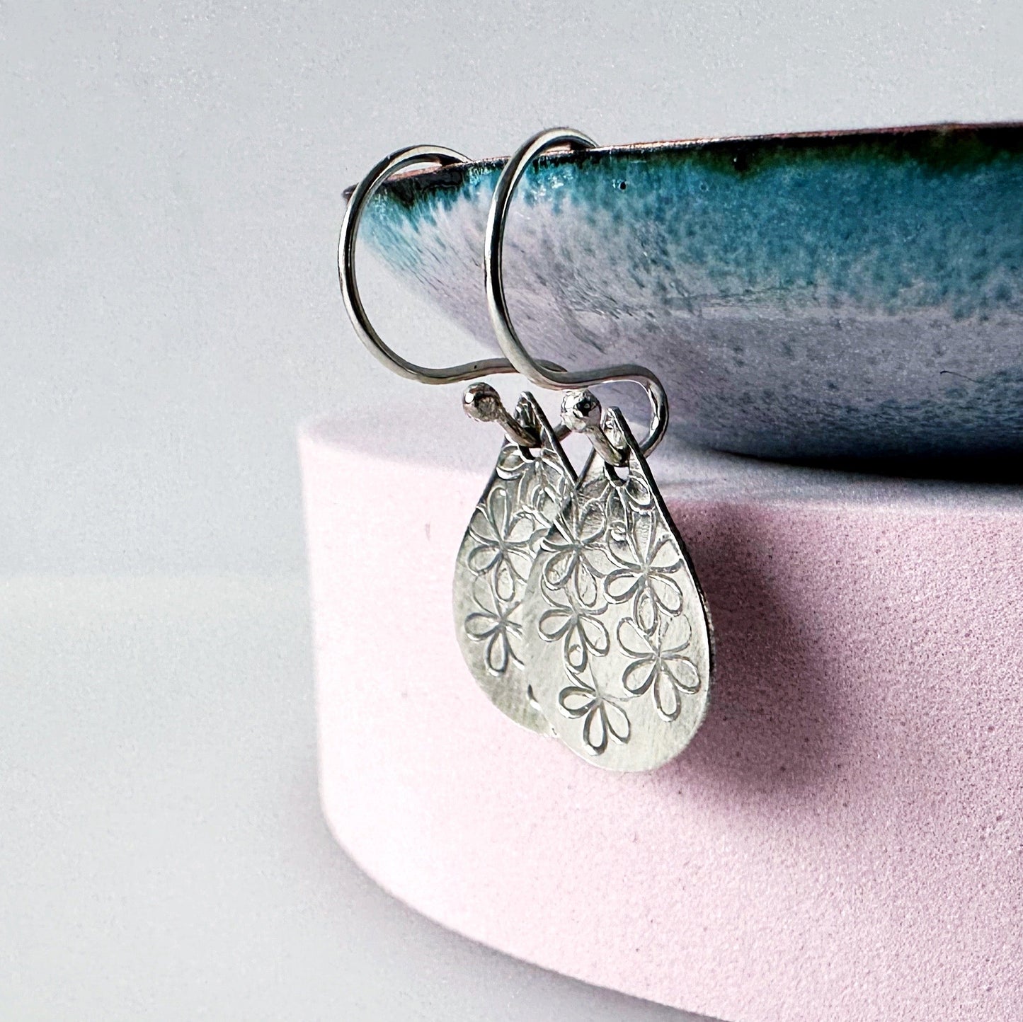 Hand Stamped Daisy Sterling Silver Teardrop Earrings - MaisyPlum