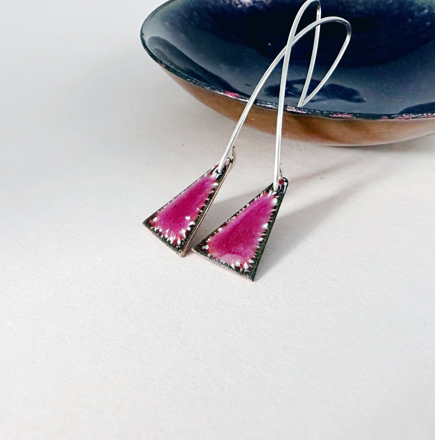 Raspberry Pink Enamel Triangle Shaped Earrings, Geometric Drop Earrings with Silver Ear Wires - MaisyPlum