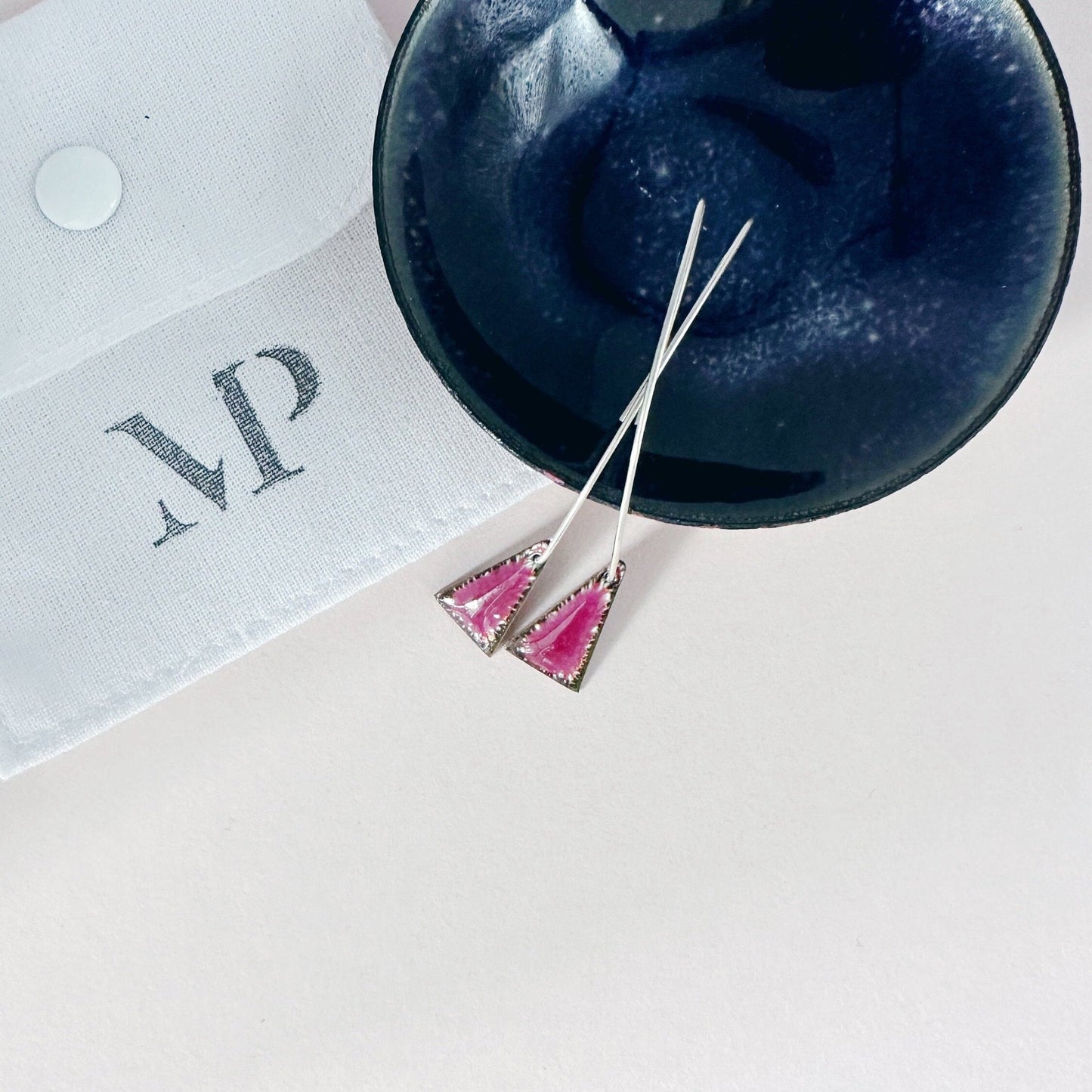 Raspberry Pink Enamel Triangle Shaped Earrings, Geometric Drop Earrings with Silver Ear Wires - MaisyPlum