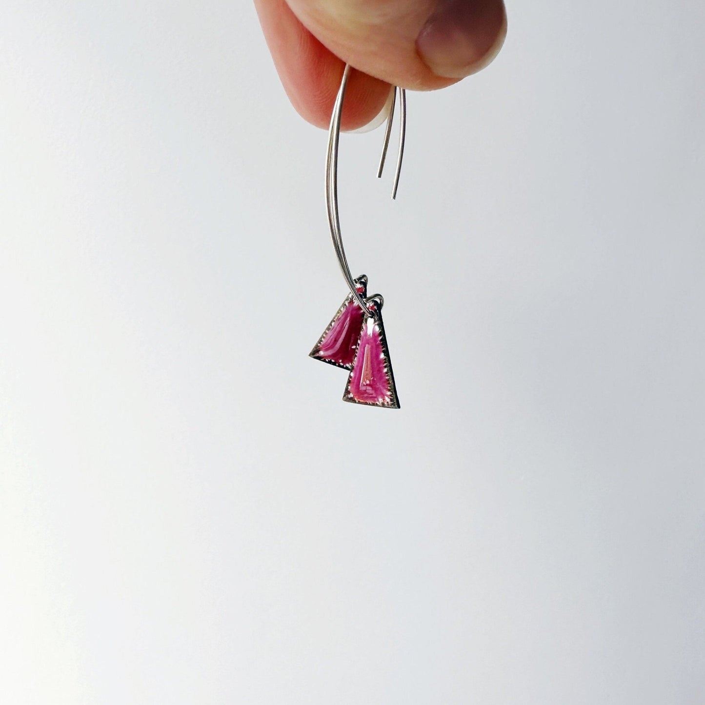 Raspberry Pink Enamel Triangle Shaped Earrings, Geometric Drop Earrings with Silver Ear Wires - MaisyPlum