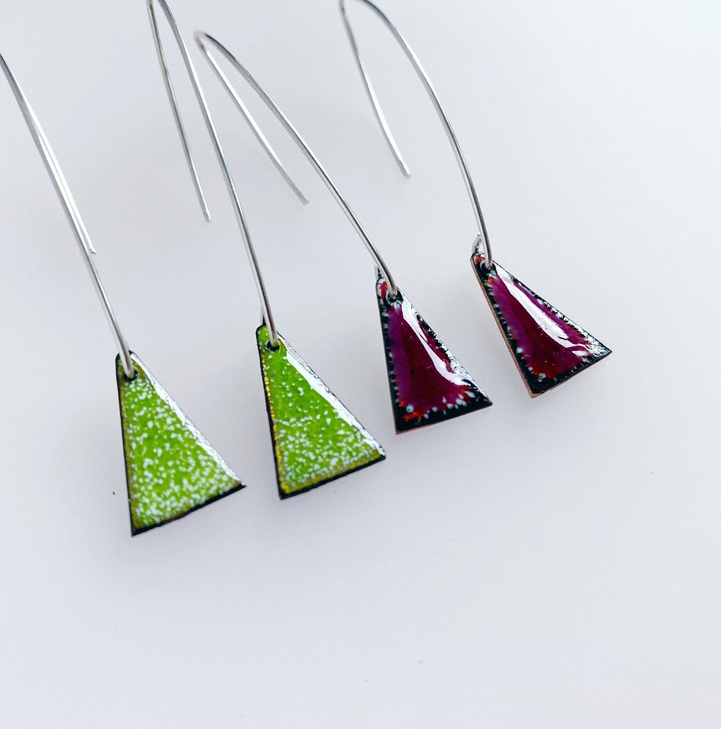 Raspberry Pink Enamel Triangle Shaped Earrings, Geometric Drop Earrings with Silver Ear Wires - MaisyPlum