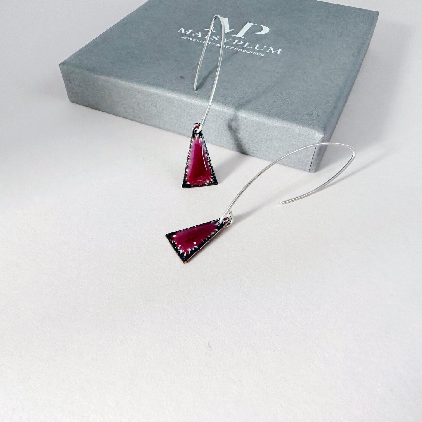 Raspberry Pink Enamel Triangle Shaped Earrings, Geometric Drop Earrings with Silver Ear Wires - MaisyPlum