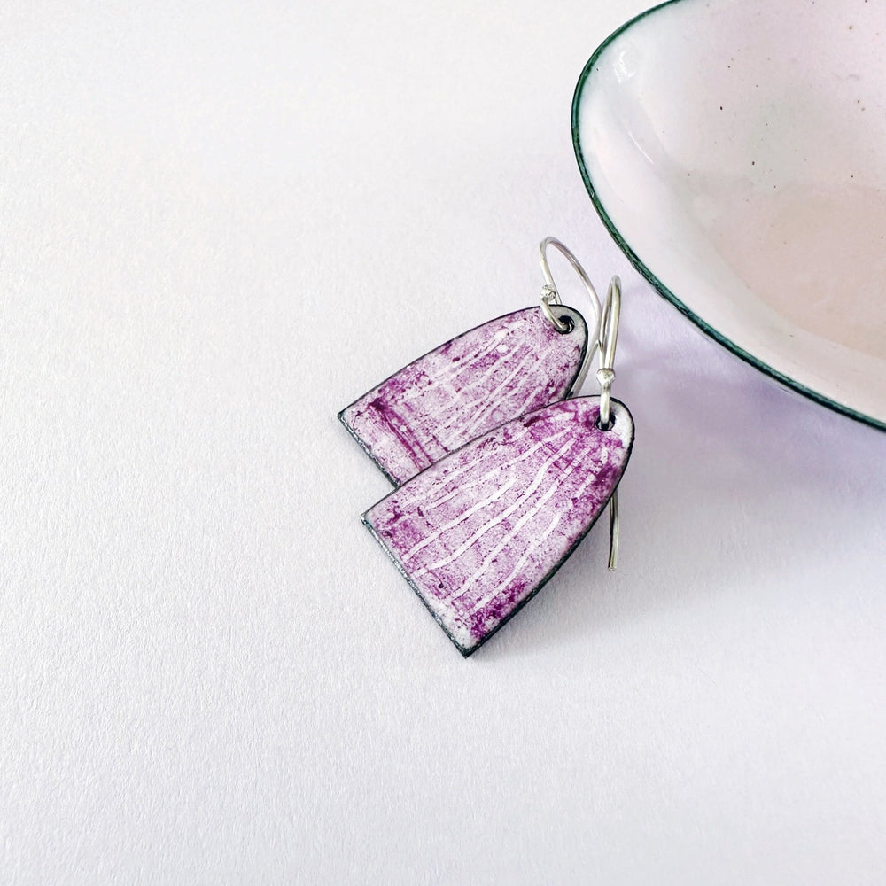 Handmade enamel arch earrings in vibrant colours, artisan statement jewellery by MaisyPlum