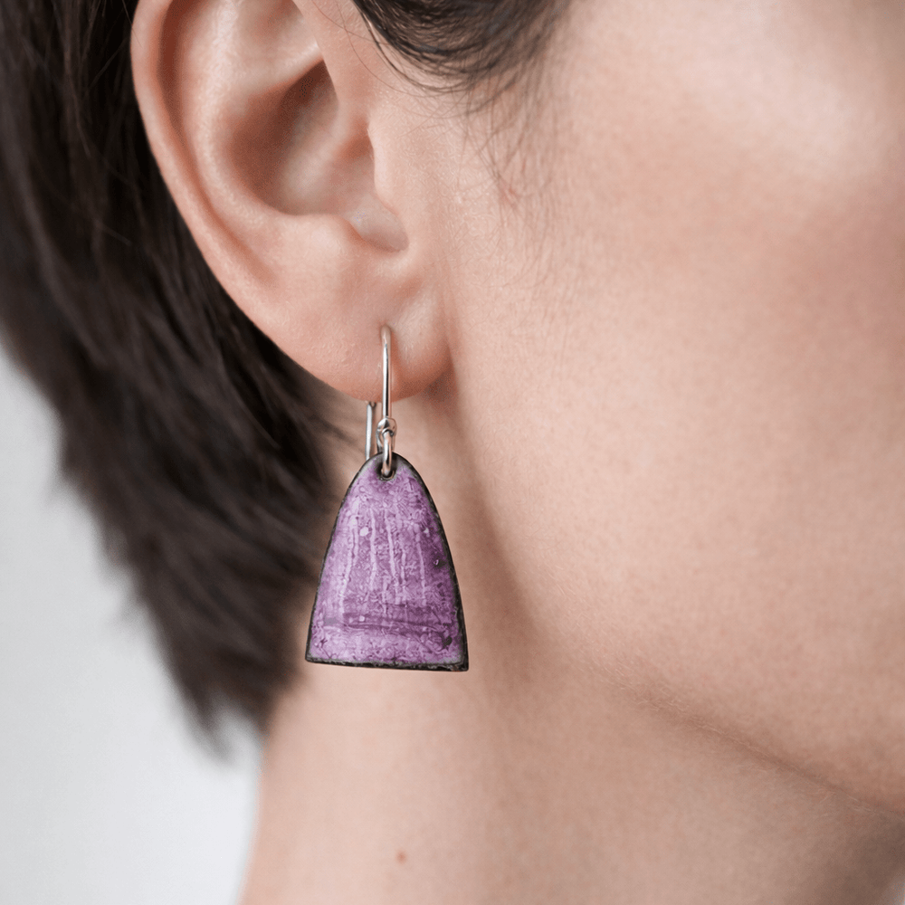 Handmade enamel arch earrings in vibrant colours, artisan statement jewellery by MaisyPlum