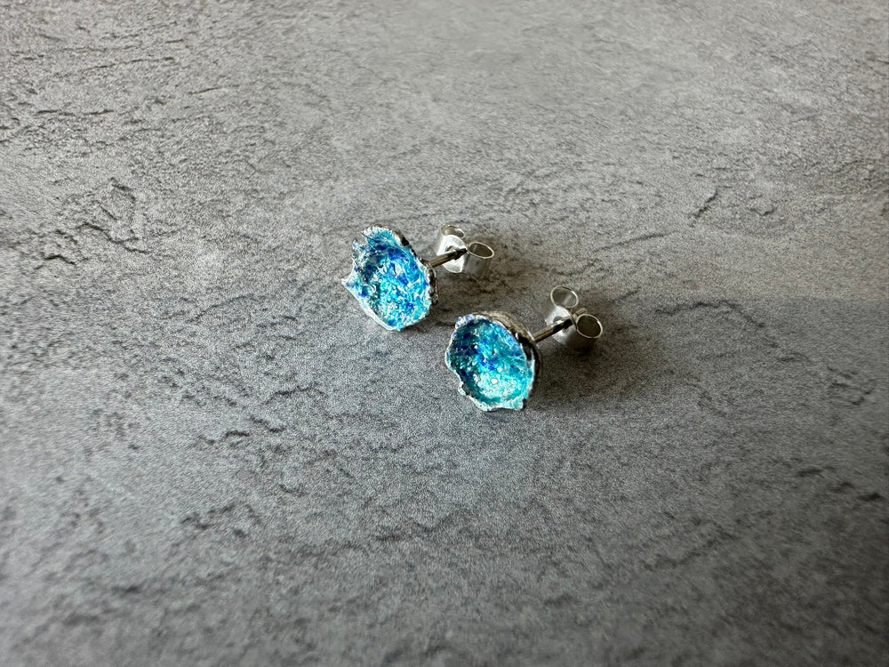 Molten Collection - Water Cast Silver & Enamel Stud Earrings with turquoise enamel on grey background