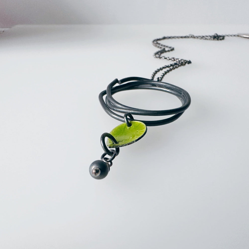 Oxidised Silver Pendant with Torch Fired Beads , Geometric Jewellery, Green Enamel Necklace - MaisyPlum