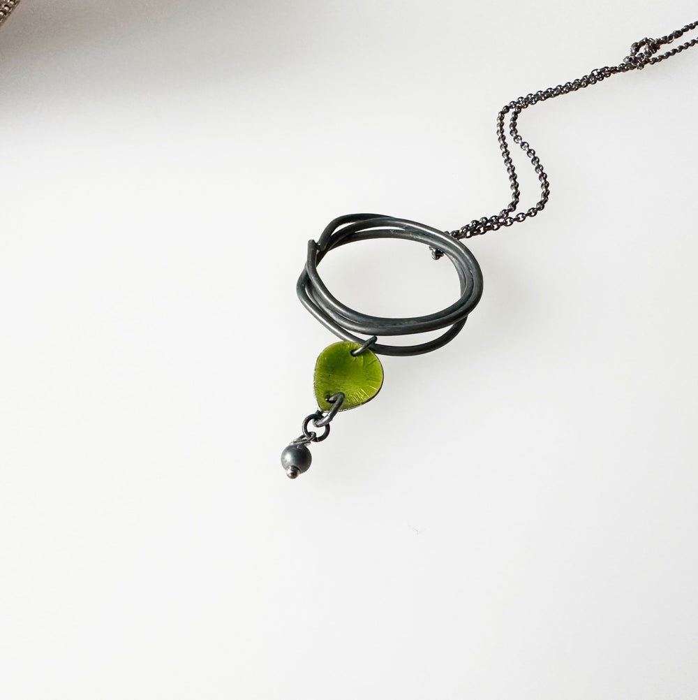 Oxidised Silver Pendant with Torch Fired Beads , Geometric Jewellery, Green Enamel Necklace - MaisyPlum