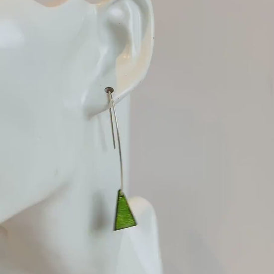 Raspberry Pink Enamel Triangle Shaped Earrings, Geometric Drop Earrings with Silver Ear Wires
