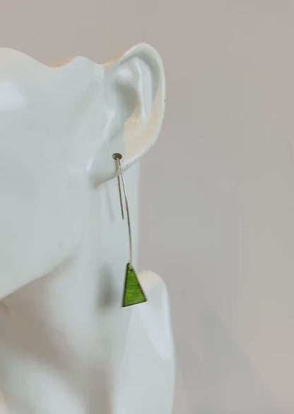 Raspberry Pink Enamel Triangle Shaped Earrings, Geometric Drop Earrings with Silver Ear Wires