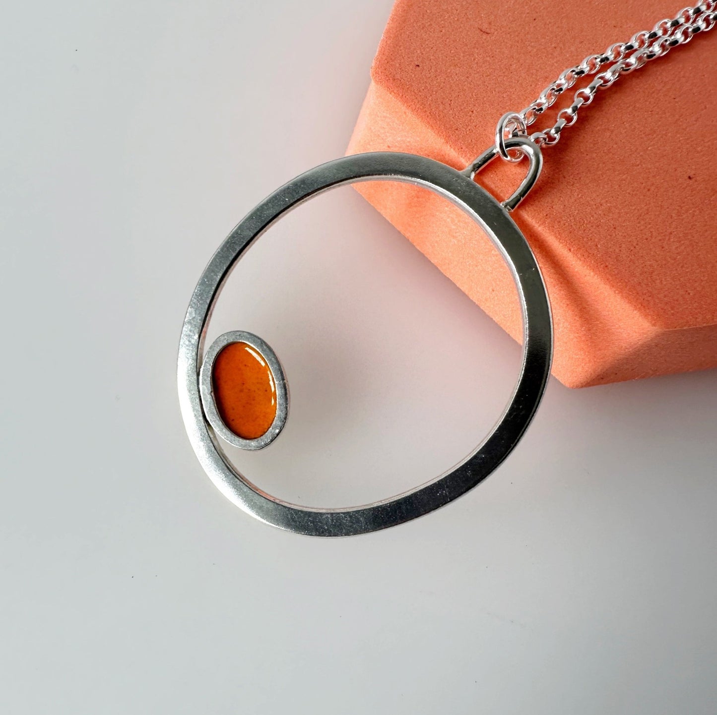 Silver Circle Pendant with Enamelled Oval in Orange - MaisyPlum