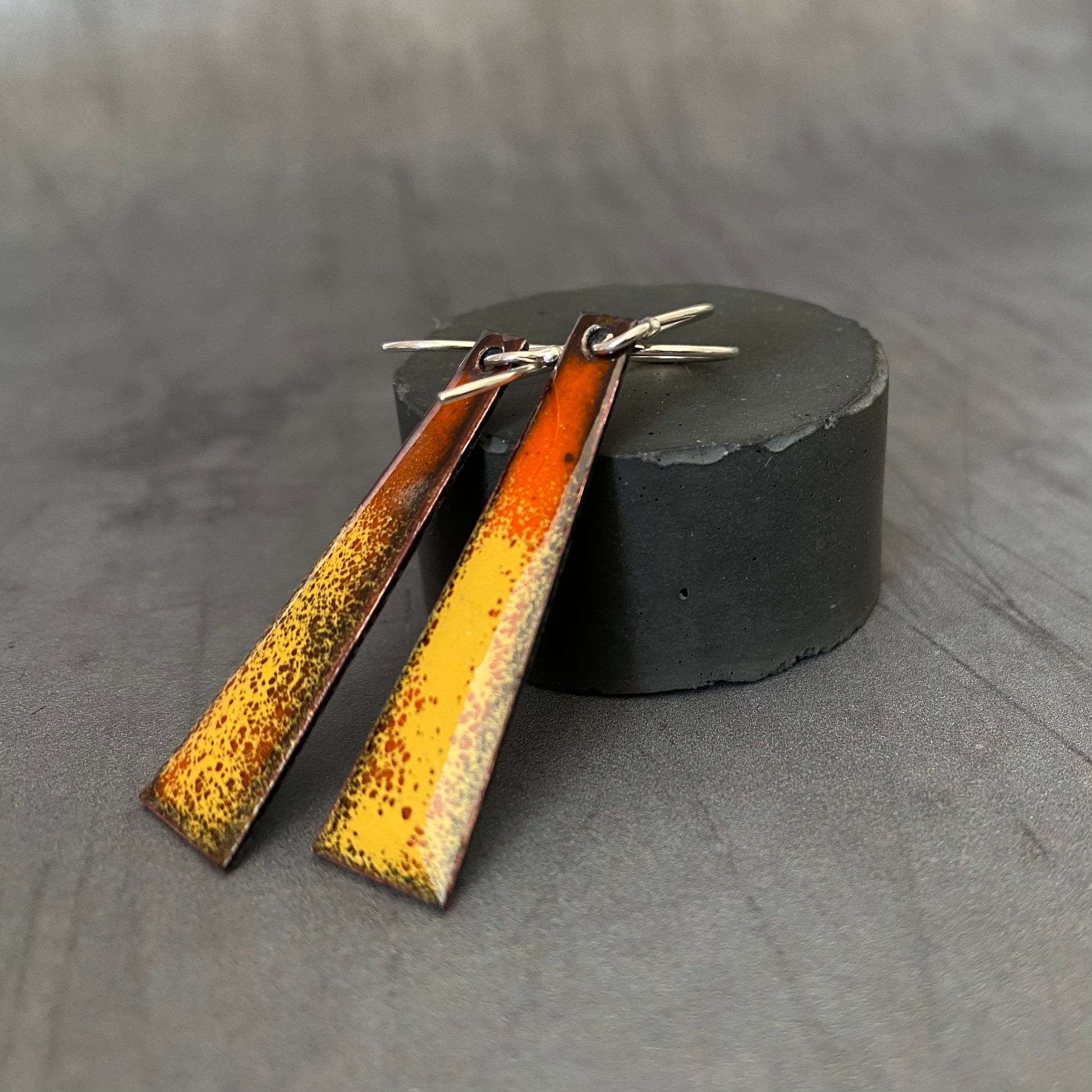 Copper enamel dnagly triangle earrings in yellow and orange - MaisyPlum
