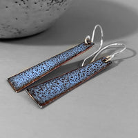 Trapezoid shaped copper earrings enamelled in blue on silver ear wires