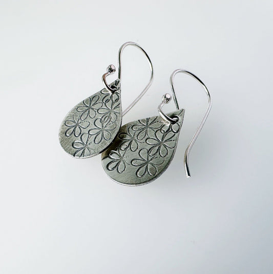 Hand Stamped Daisy Sterling Silver Teardrop Earrings - MaisyPlum