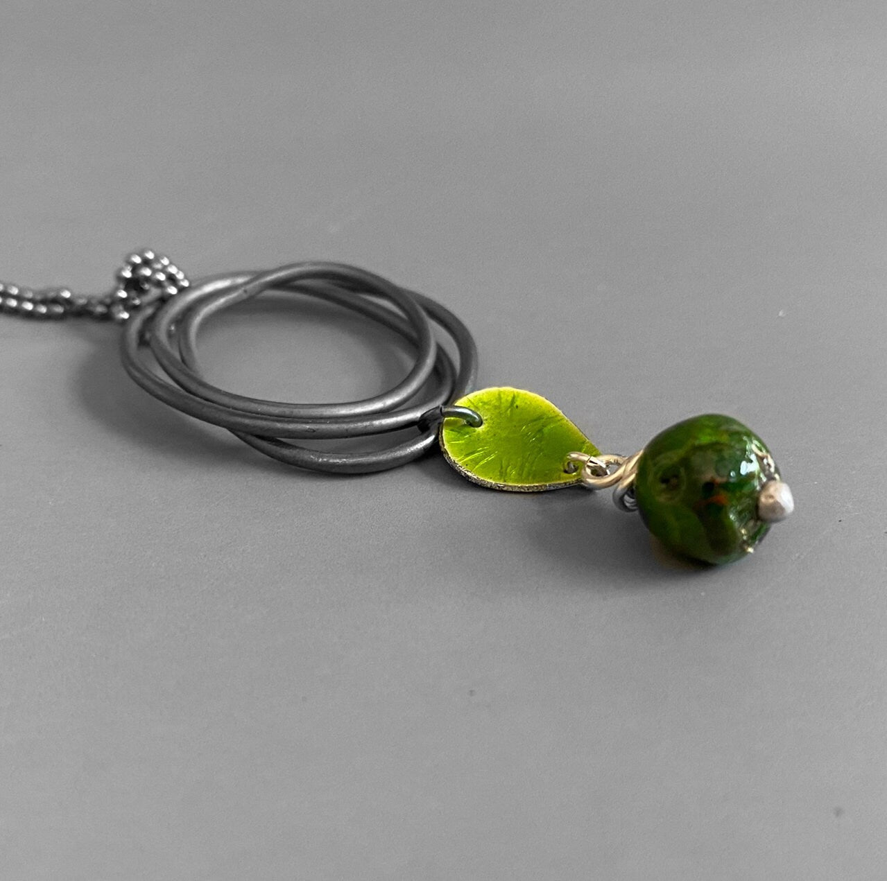 Oxidised Silver Pendant with Torch Fired Beads , Geometric Jewellery, Green Enamel Necklace - MaisyPlum