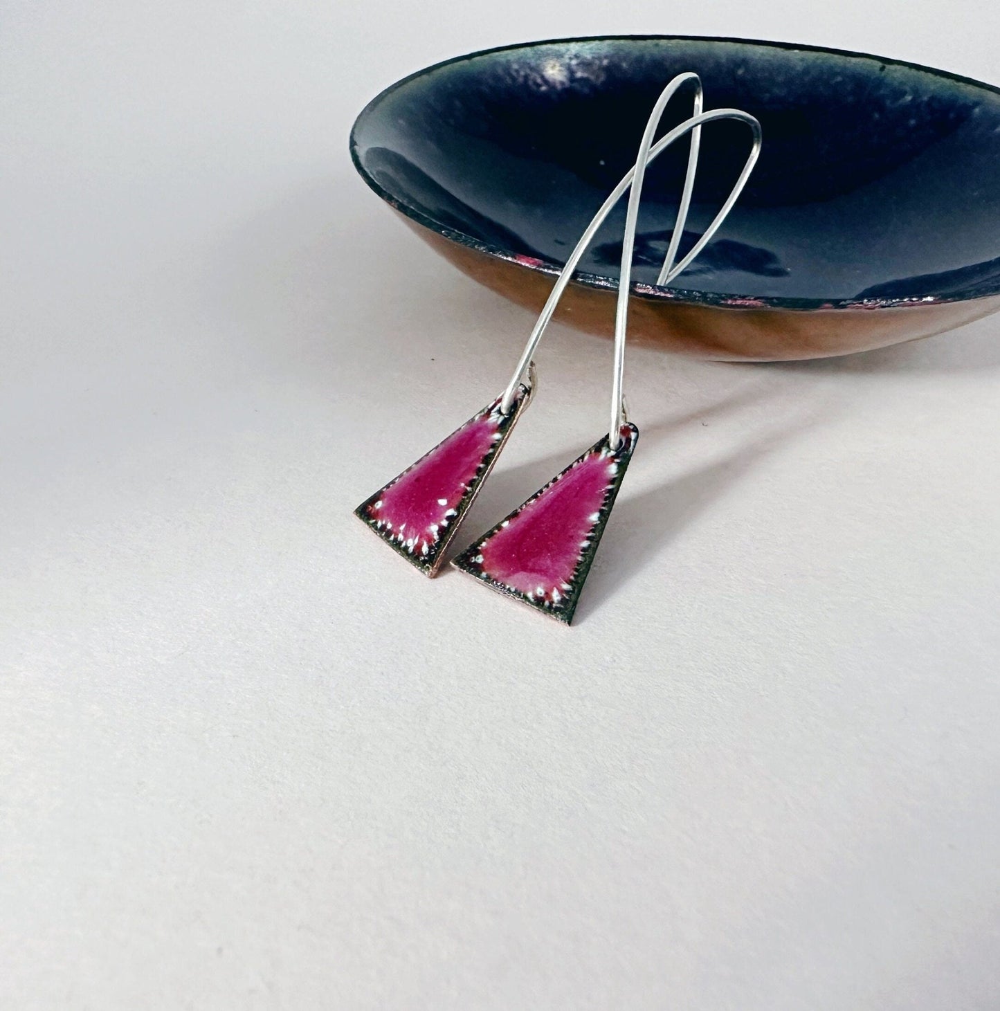 Raspberry Pink Enamel Triangle Shaped Earrings, Geometric Drop Earrings with Silver Ear Wires - MaisyPlum
