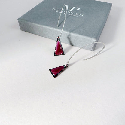 Raspberry Pink Enamel Triangle Shaped Earrings, Geometric Drop Earrings with Silver Ear Wires - MaisyPlum