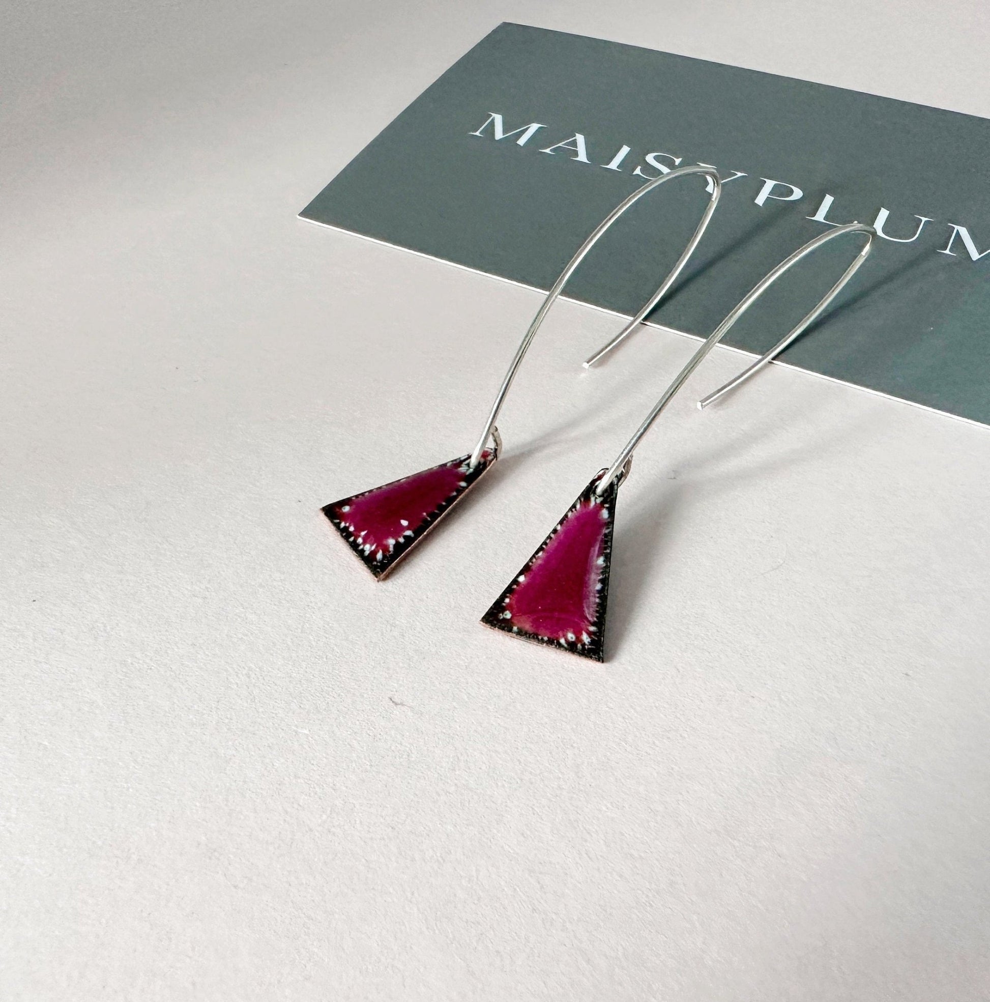 Raspberry Pink Enamel Triangle Shaped Earrings, Geometric Drop Earrings with Silver Ear Wires - MaisyPlum