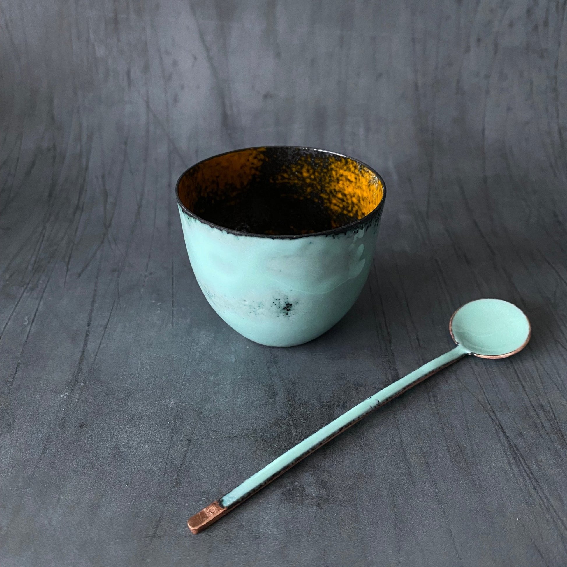Turquoise Blue Copper Enamel Bowl and spoon - MaisyPlum